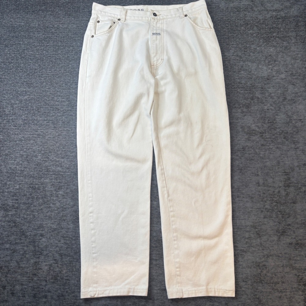 Vintage Hugo Boss Baggy Wide Leg Jeans Cream Denim Mens 36x30 Luxury 90s Y2K